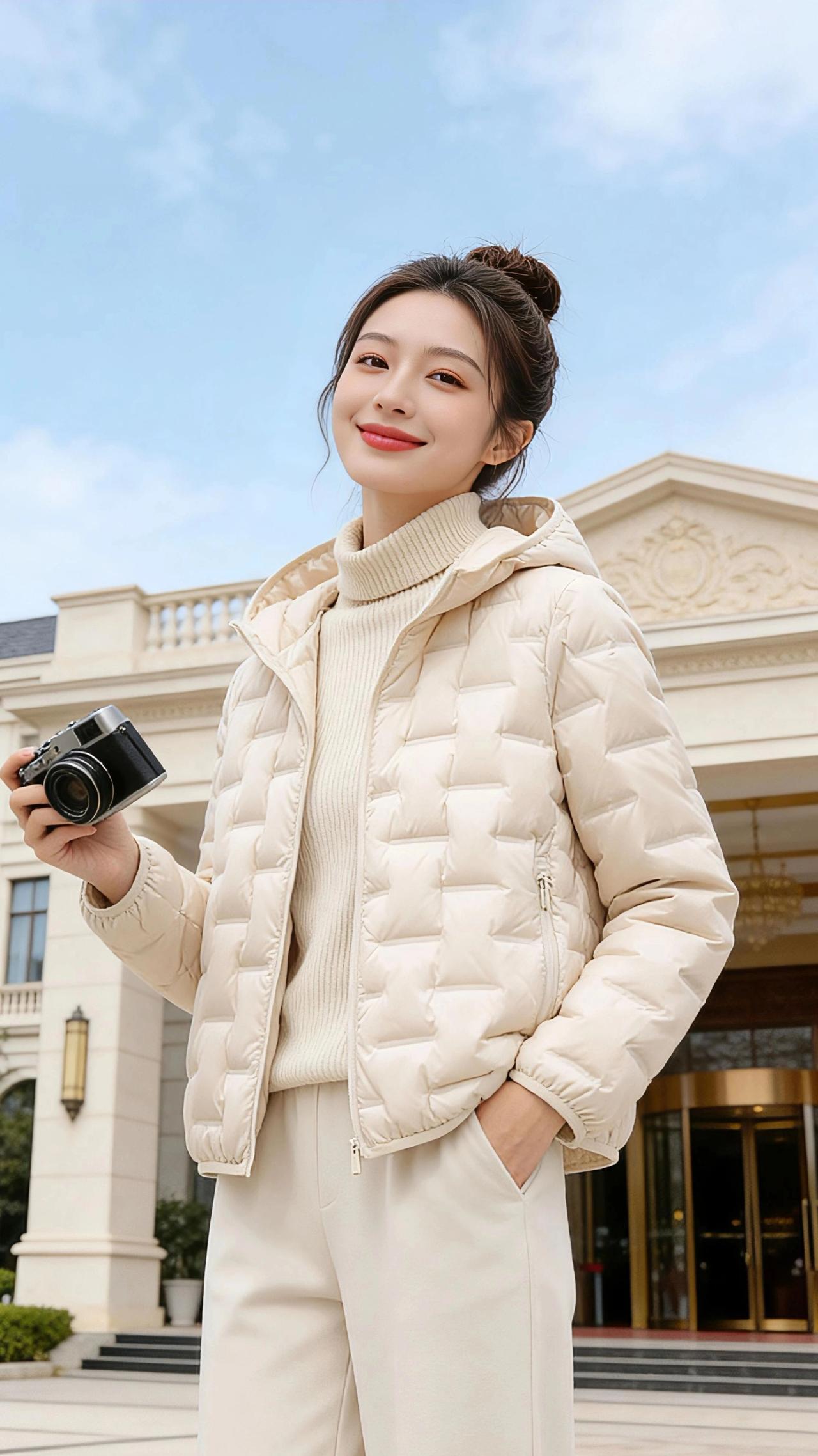 暖阳里的轻暖
 
初冬的风裹着微凉，却被一件米白轻薄羽绒服妥帖挡在身外。蓬松的菱