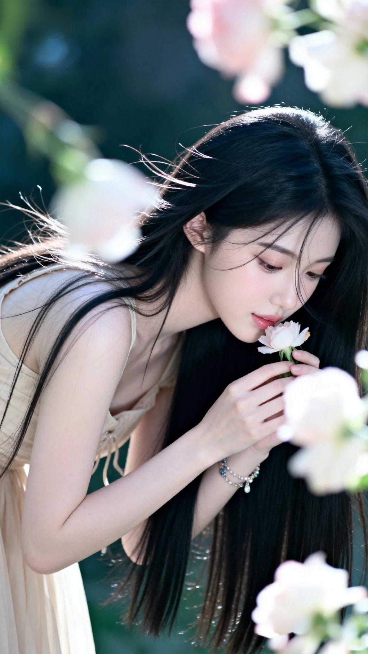 “花间美人笑，春风满面香”，
清新的少女身处这绝美的意境，嘴角含笑，简直美到窒息