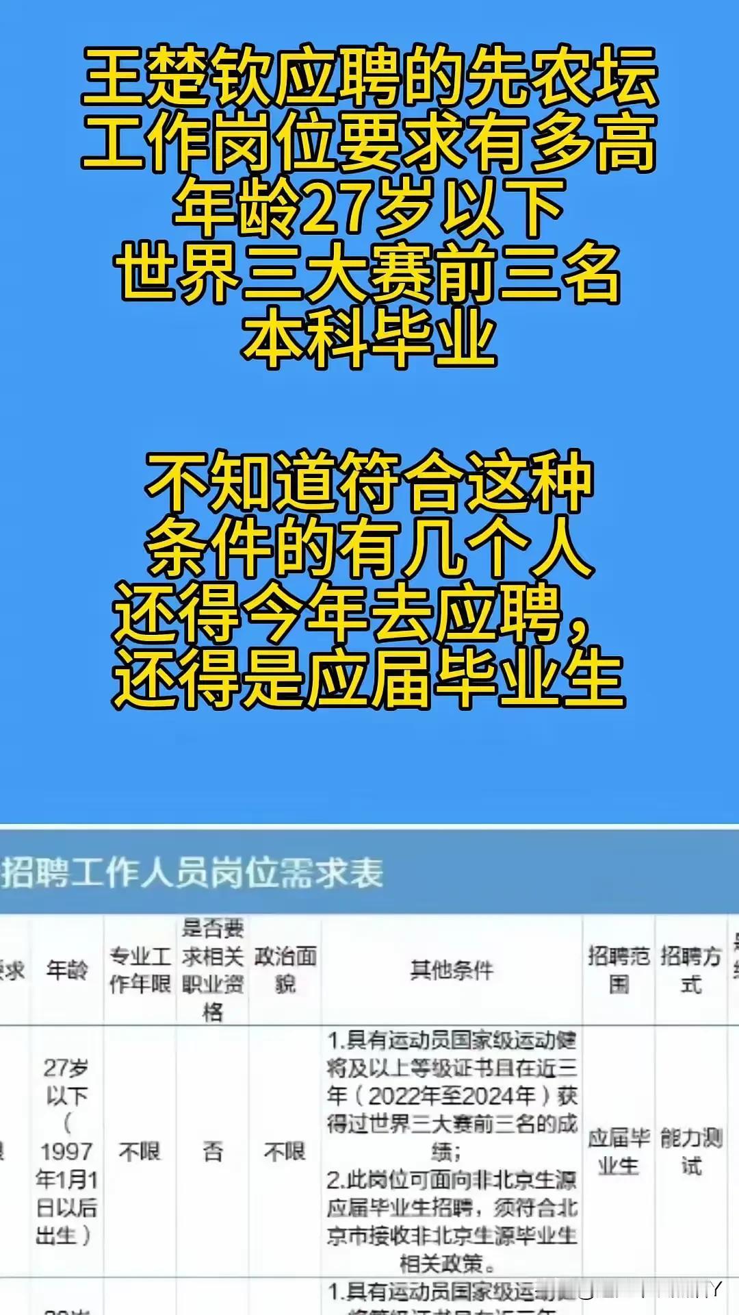 揭秘王楚钦角逐先农坛职位的严苛门槛：

1. 青春限定，27岁风华正茂方可入场券