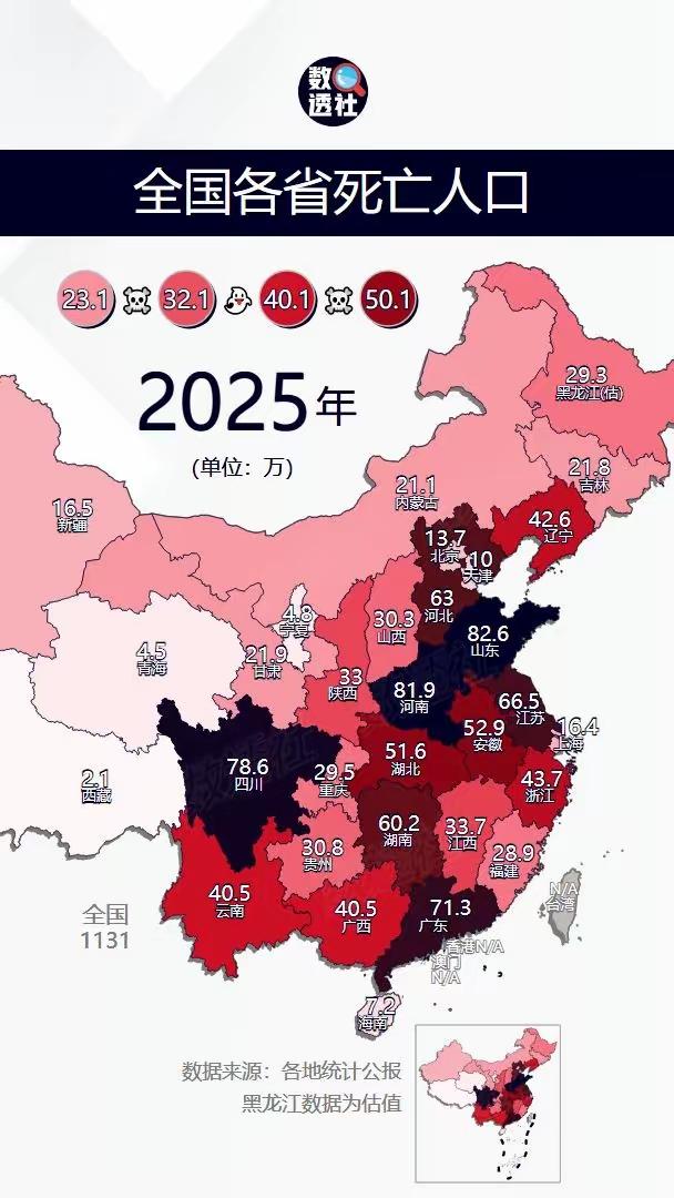 2025各省死亡人口地图：总量看人口基数，老龄化才是深层变量
 
2025年各省