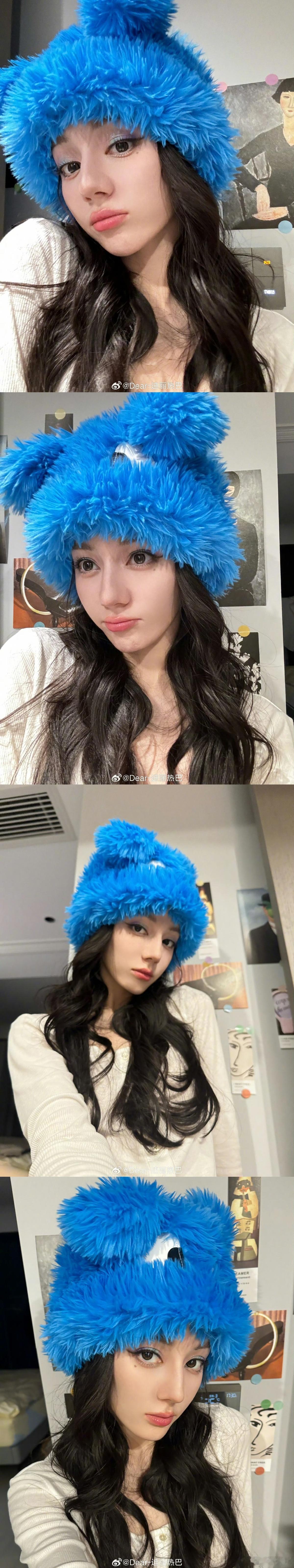 迪丽热巴毛茸茸的过冬搭子 迪丽热巴自拍🤳美式复古甜辣风拿捏～这个眼影好漂亮蓝紫