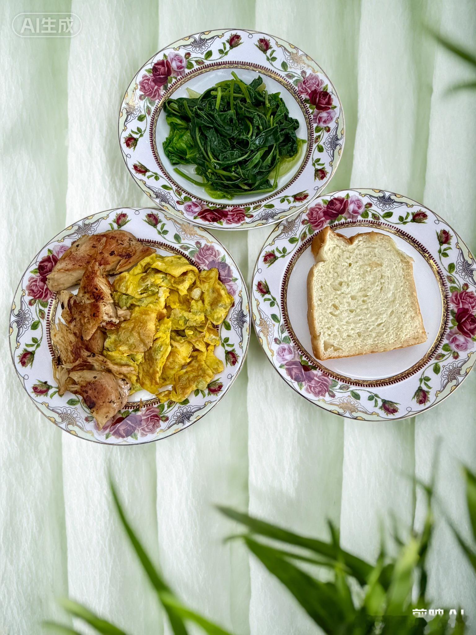 今日早餐：煎鸡胸肉，鸡蛋炒芹菜珠，焯水雍菜，女儿做的原味吐司，自己打磨的豆浆，鸡