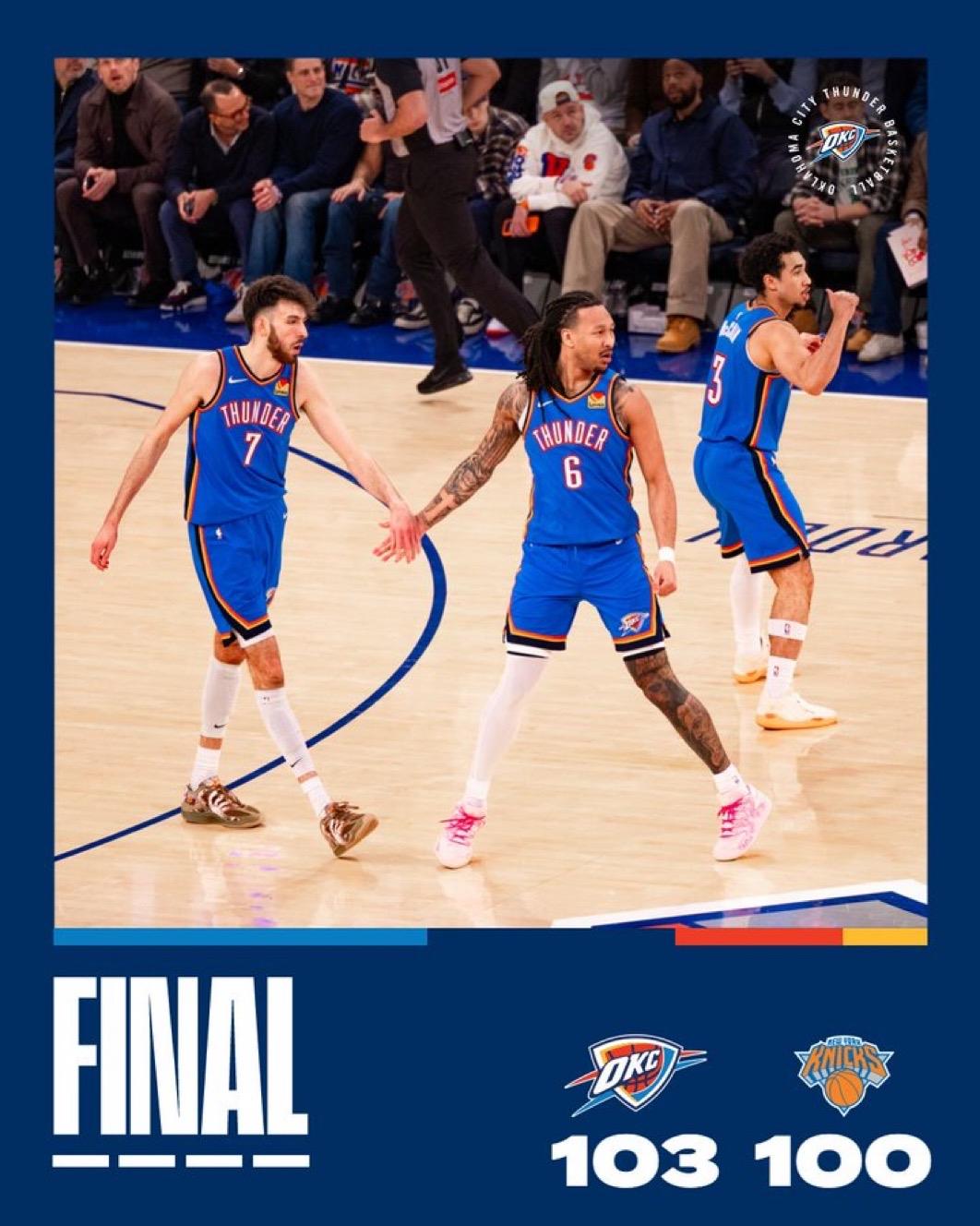 3月5日NBA常规赛战报（6场）：

雷霆103-100尼克斯
黄蜂118-89