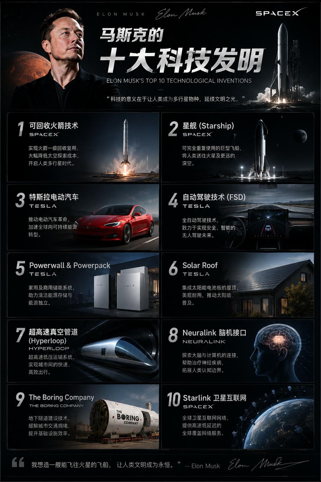 马斯克十大核心发明深度解析；多赛道重塑人类未来：从星舰到脑机接口
