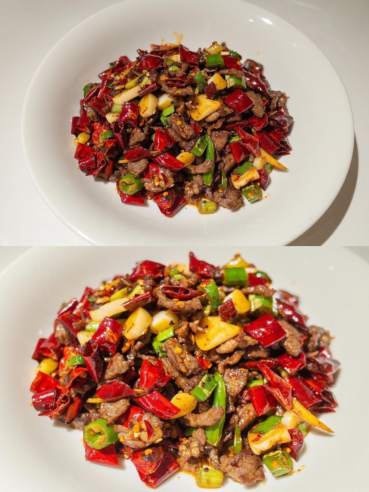 干煸牛肉；硬菜但快手，干香 麻辣，佐酒
我妈妈给我拿的牛肉，有丝有片，大家就切丝