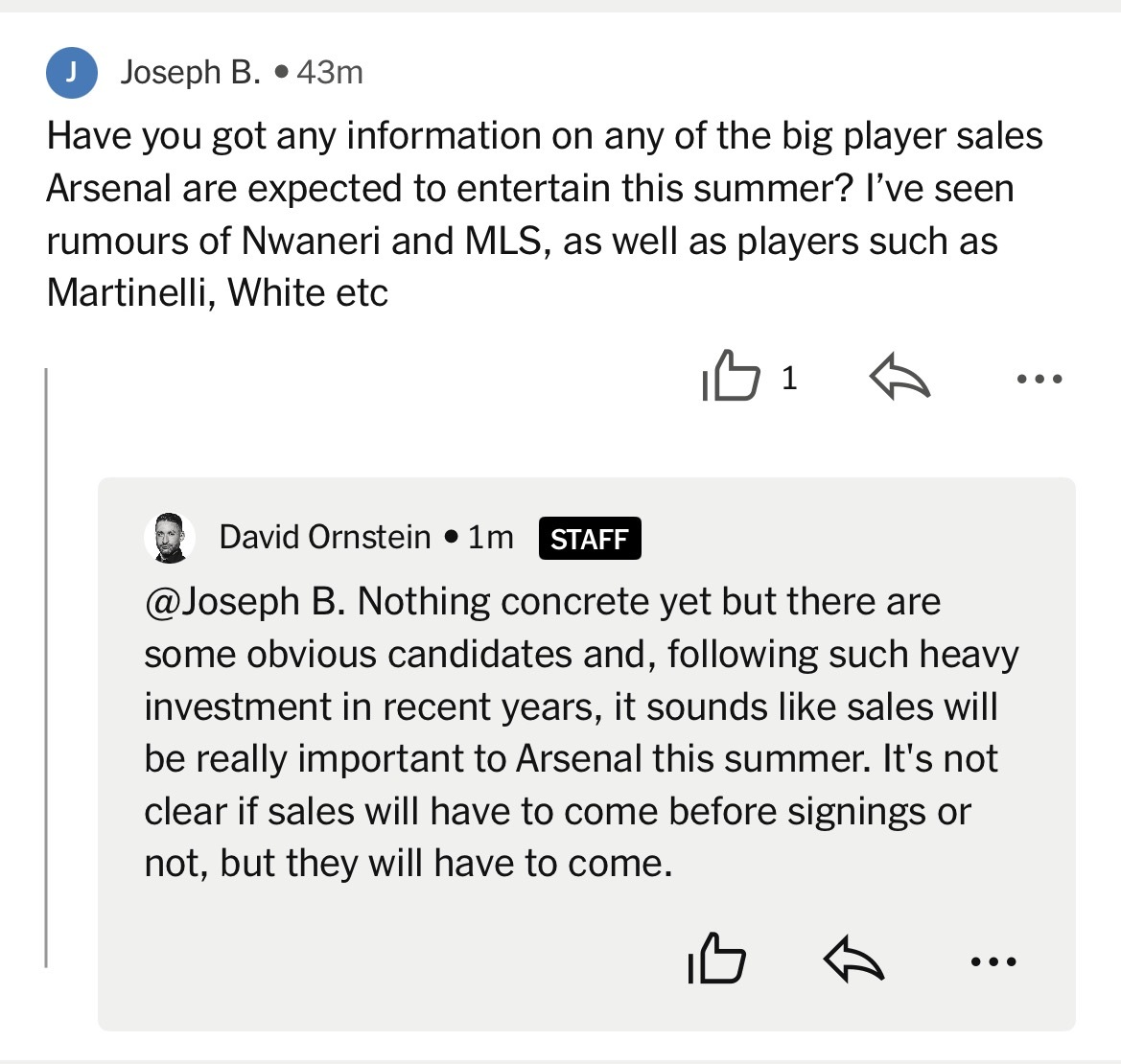 David Ornstein：关于阿森纳这个夏天要不要卖掉一些重要球员。目前还没