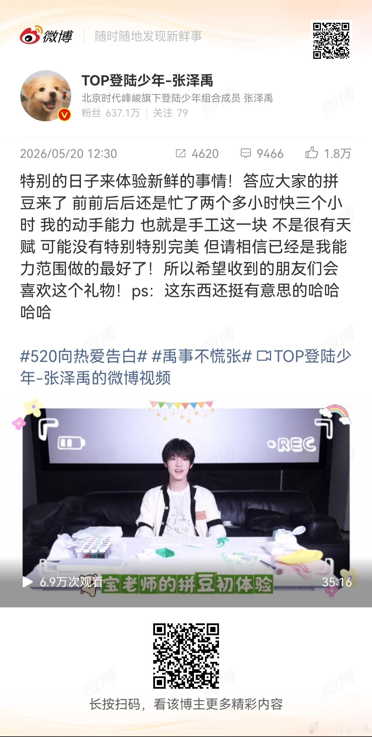 张泽禹拼豆体验vlog520暖心营业！张泽禹解锁拼豆新技能，全程认真又可爱，手工
