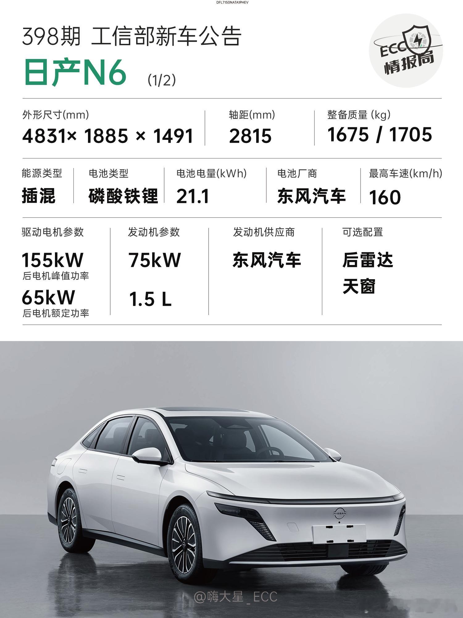 工信部新车公告 —— 日产N6日产最近在N7上尝到甜头，于是马不停蹄地推出插混版