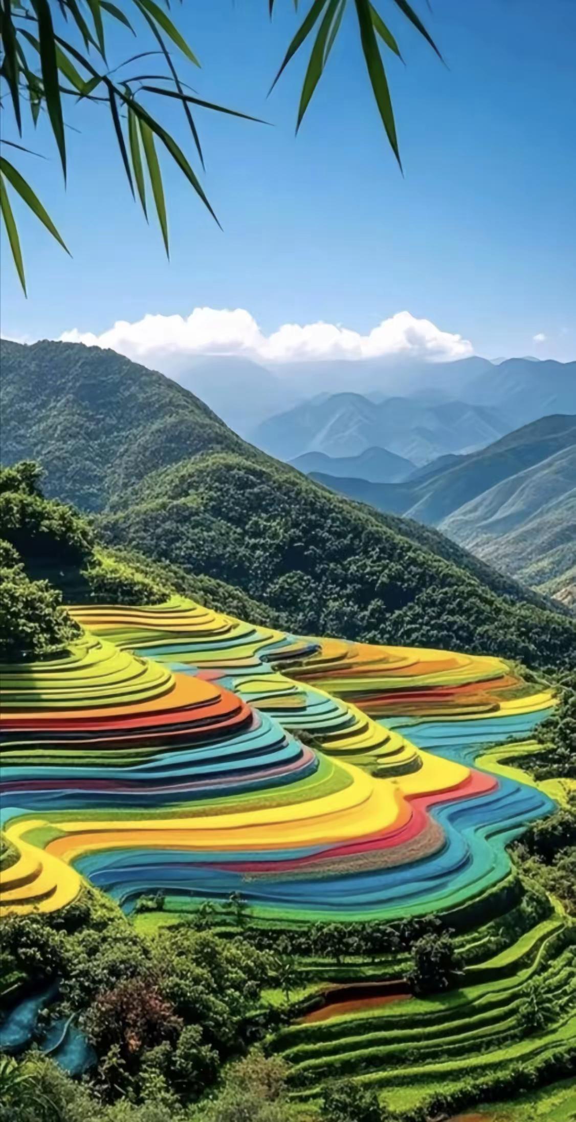 谁给山腰系彩带，
五彩斑斓风景派。
还是山民最勤劳，
改天换地巧手裁。