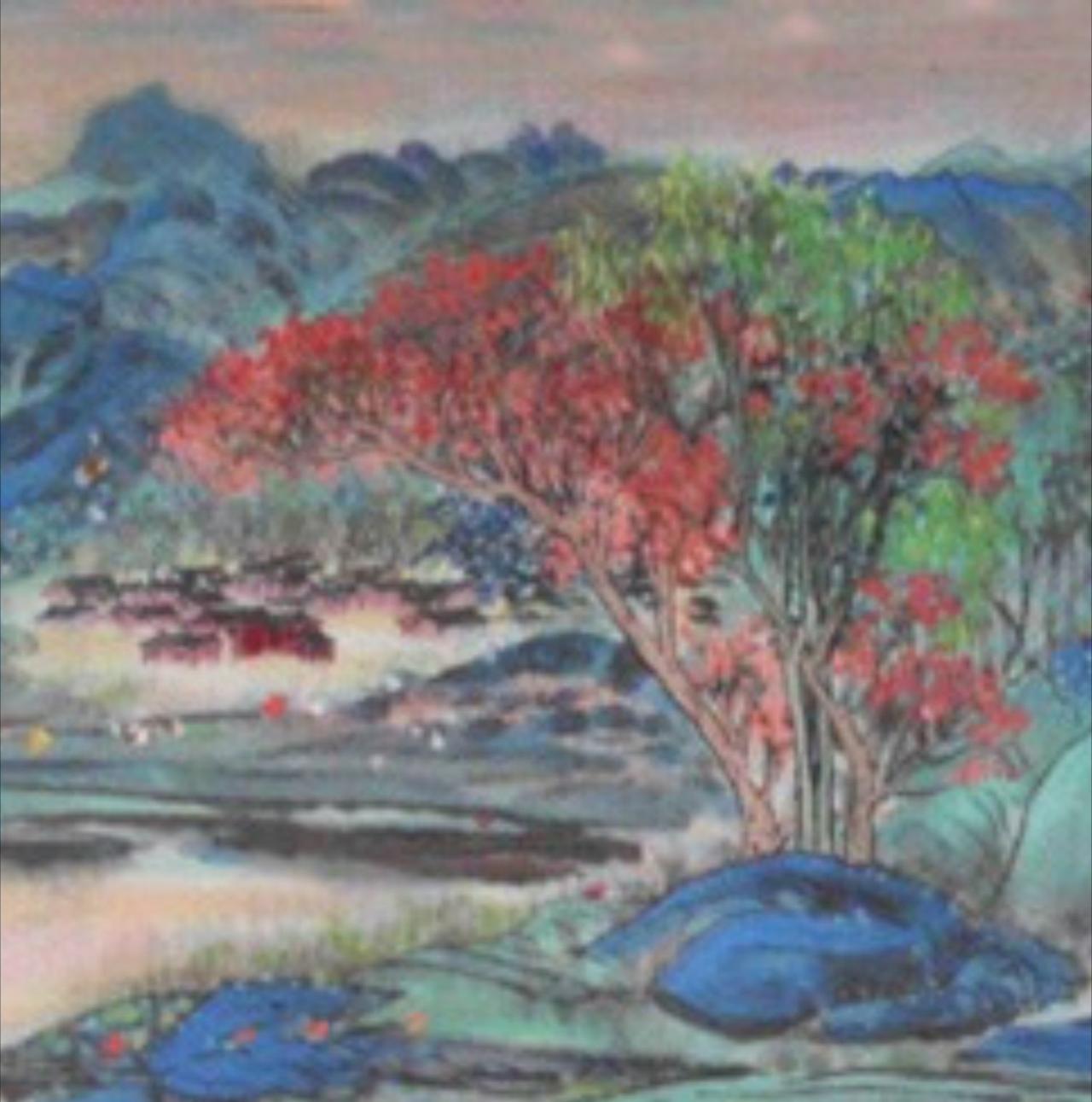 能否展示你的一幅国画山水不同的也晴青绿山水画，不同的美，不同的色彩搭配。山水间画