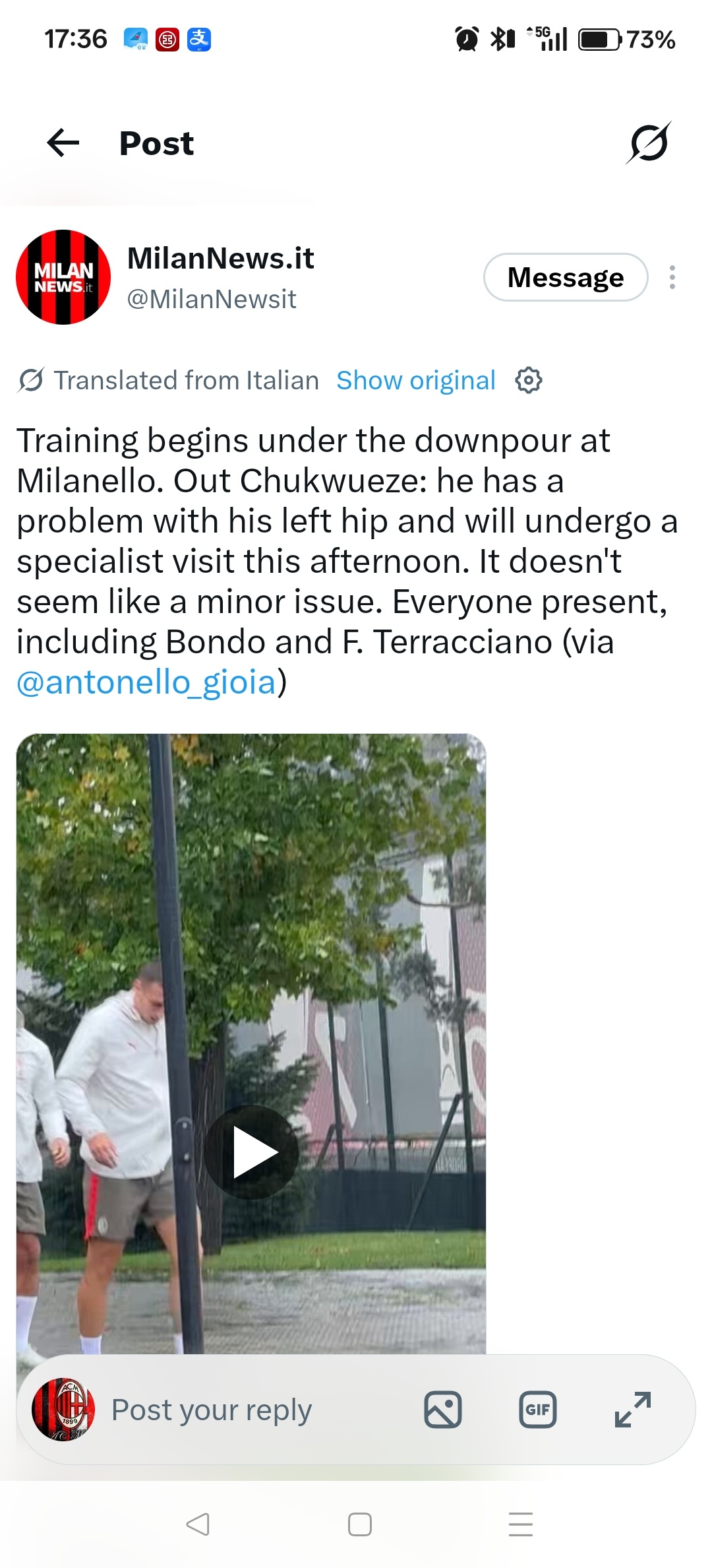 Milannews：AC米兰 在雨中训练，丘库埃泽没有出现在队伍中，他的左髋有点