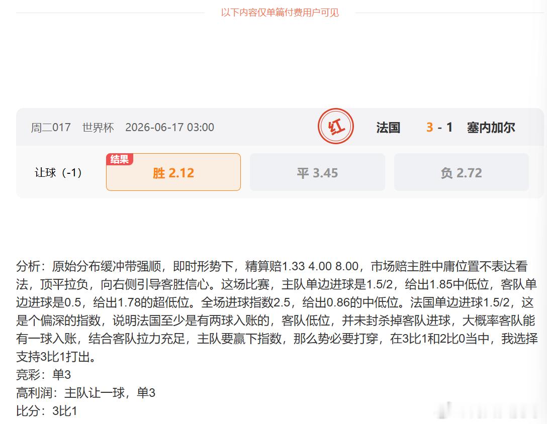 法国3比1的单挑比分，顺利打出，分析推论过程也详细写了。93分钟的时候，法国2比