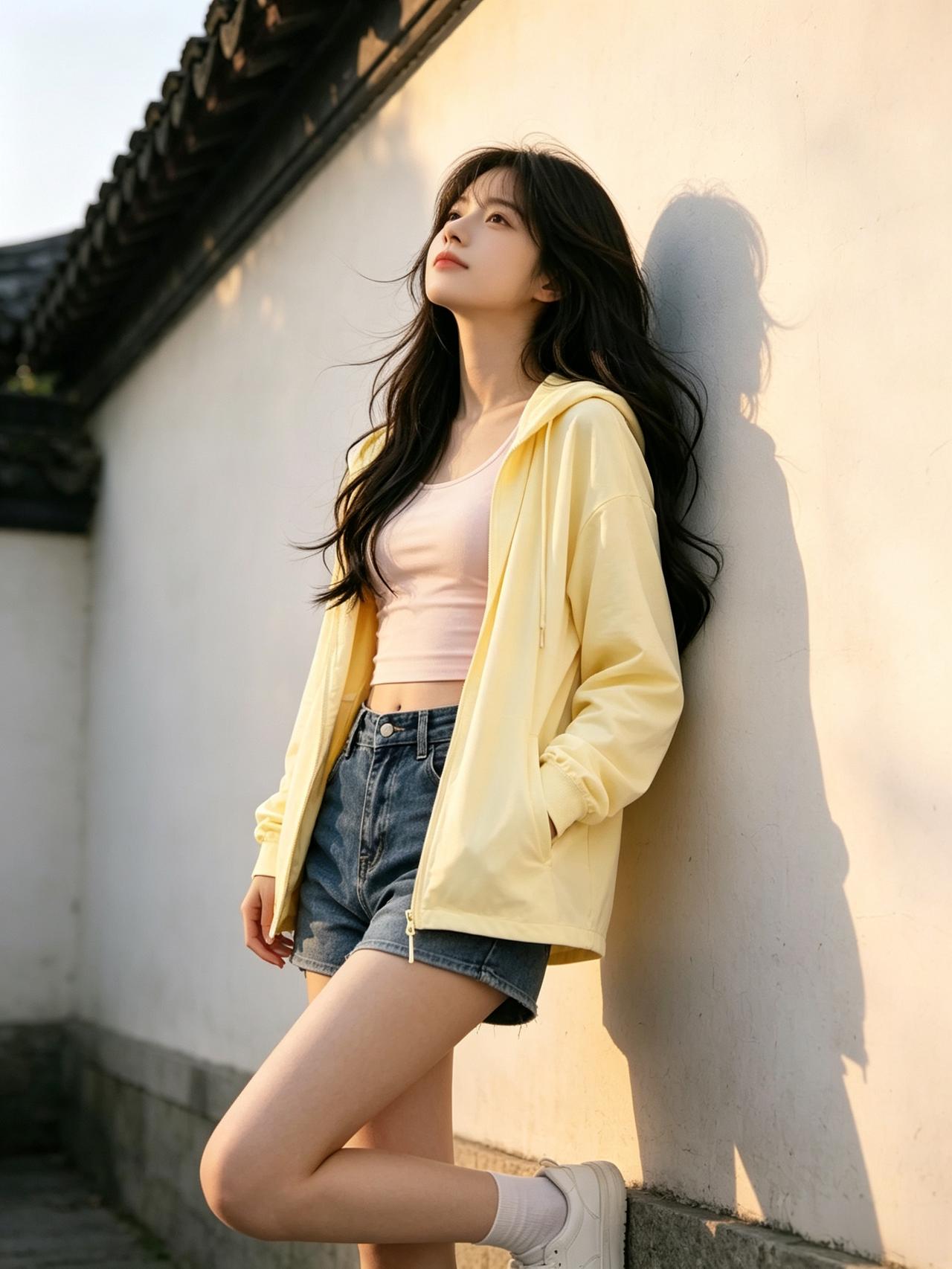 阳光洒满青石板路，嫩黄外套搭配牛仔短裤，少女漫步古巷，定格春日最甜的模样！