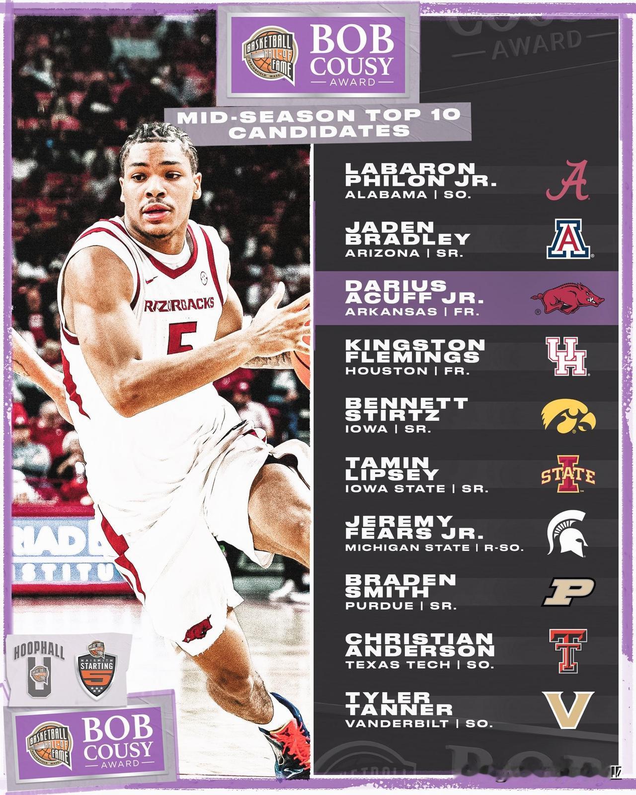 鲍勃-库西奖=年度最佳控卫的季中10人候选名单，2026年nba选秀 阿肯色Da