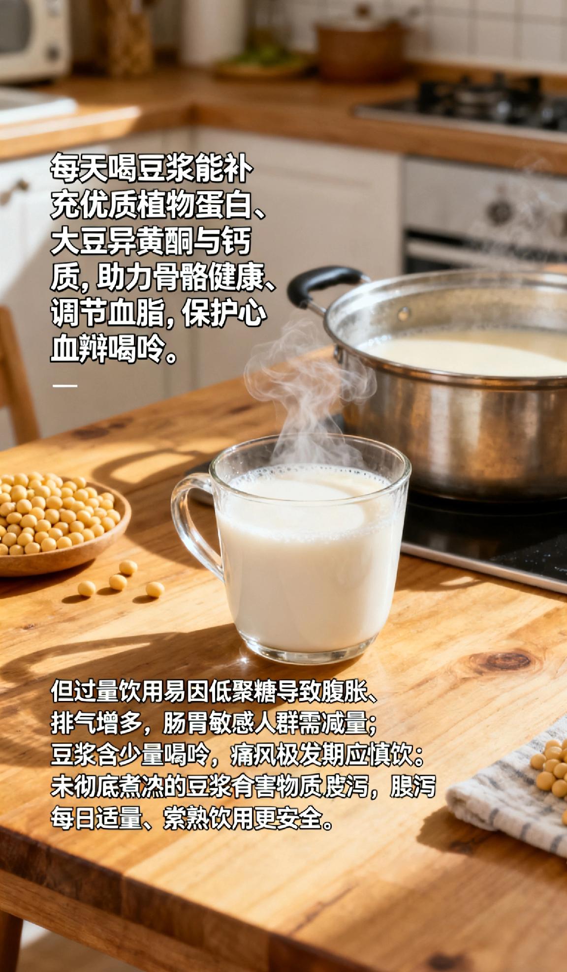 但过量饮用易因低聚糖导致腹胀、排气增多，肠胃敏感人群需减量；豆浆含少量嘌呤，痛风