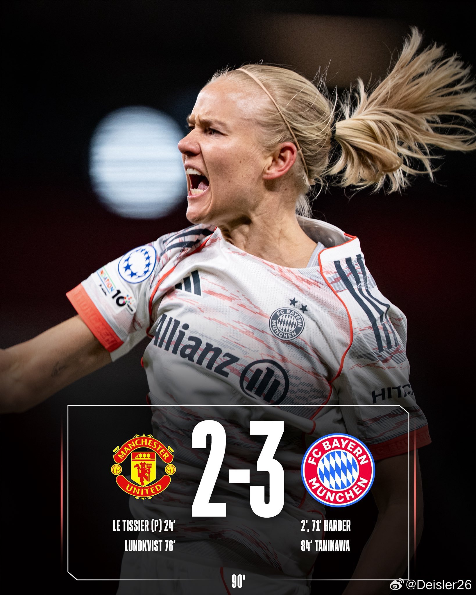 🚨北京時間今天凌晨——女足歐冠1/4決賽首回合，拜仁女足客場3-2戰勝曼聯，佔