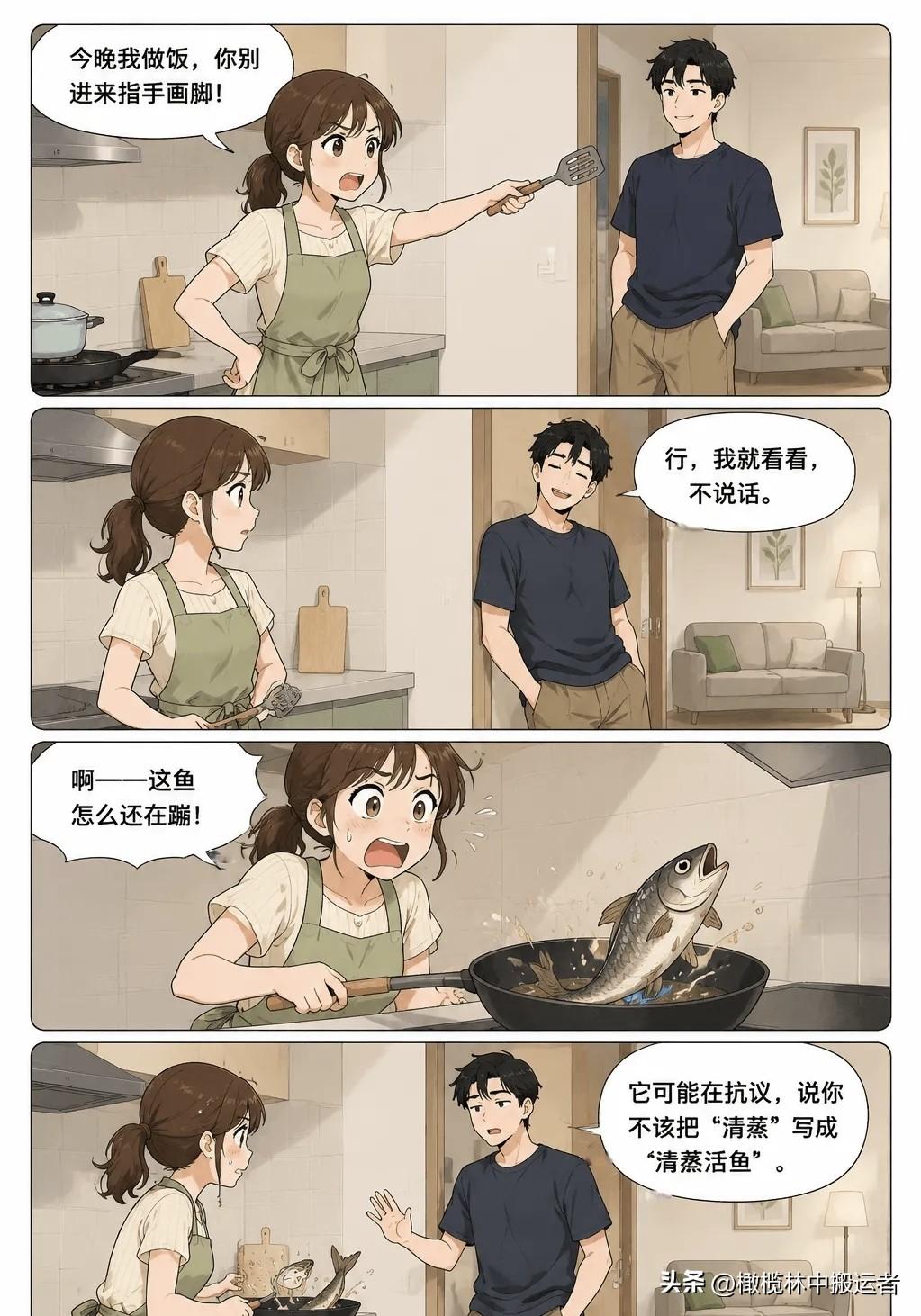 趣味漫画：妻：“今晚我做饭，你别进来指手画脚！”夫：“行，我就看看，不说话。”妻
