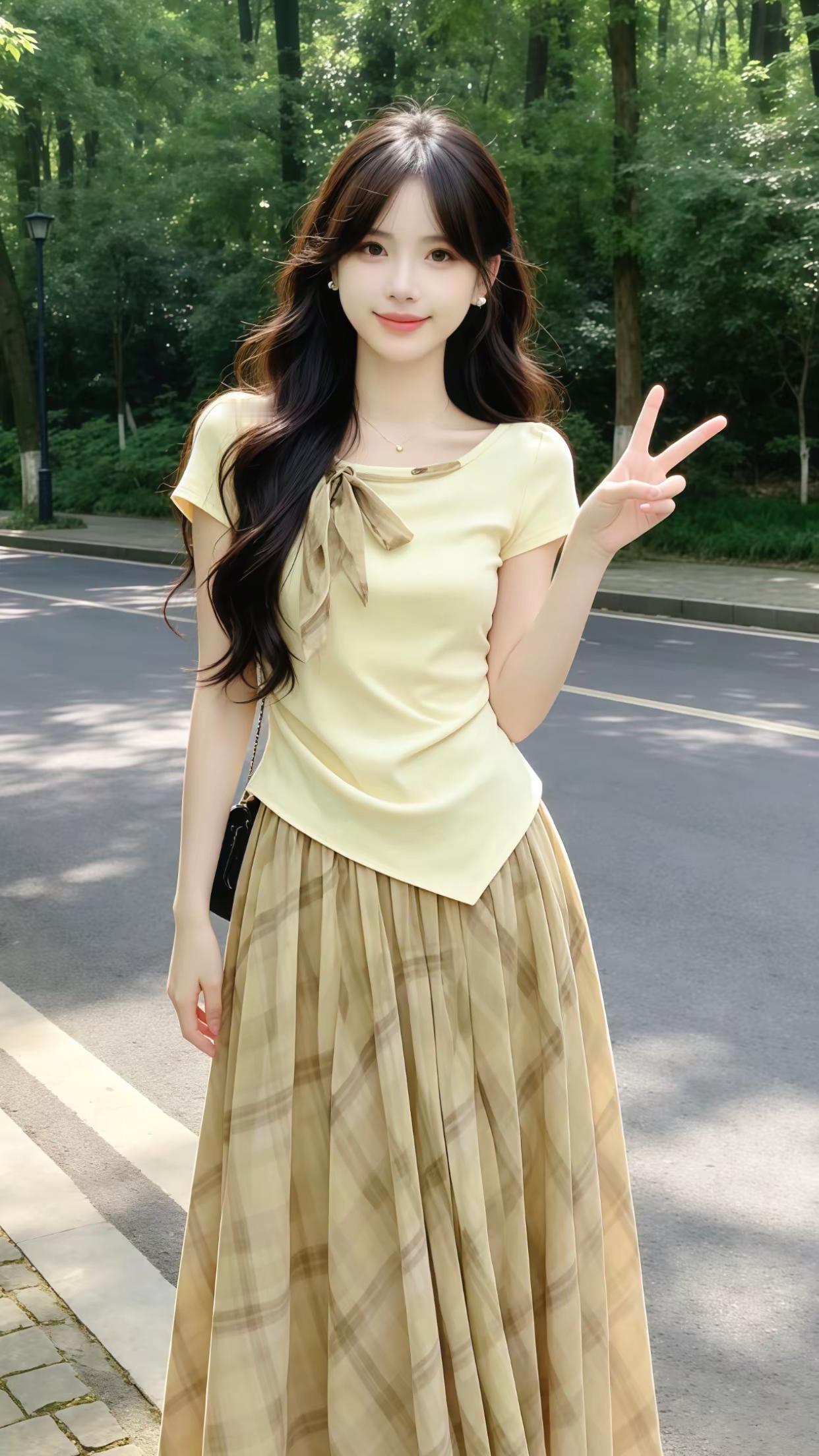 奶黄蝴蝶结针织T+格纹大摆裙，收腰显瘦，飘逸遮肉，通勤出游都适配，松弛感拉满的夏