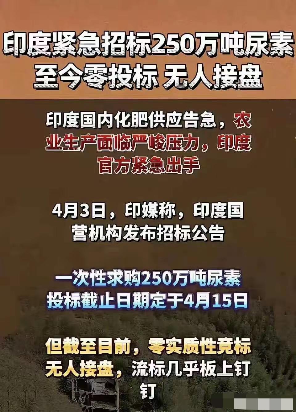 莫迪又可以甩锅说，东大敌视他们，不帮他们。
​印度紧急招标250万吨尿素，至今零