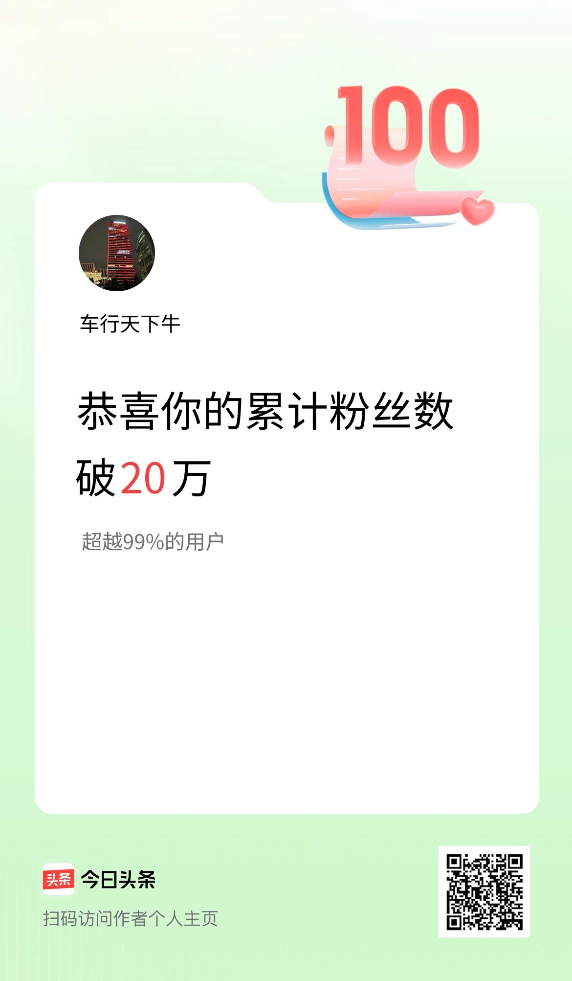 我在头条累计粉丝数破20万啦！