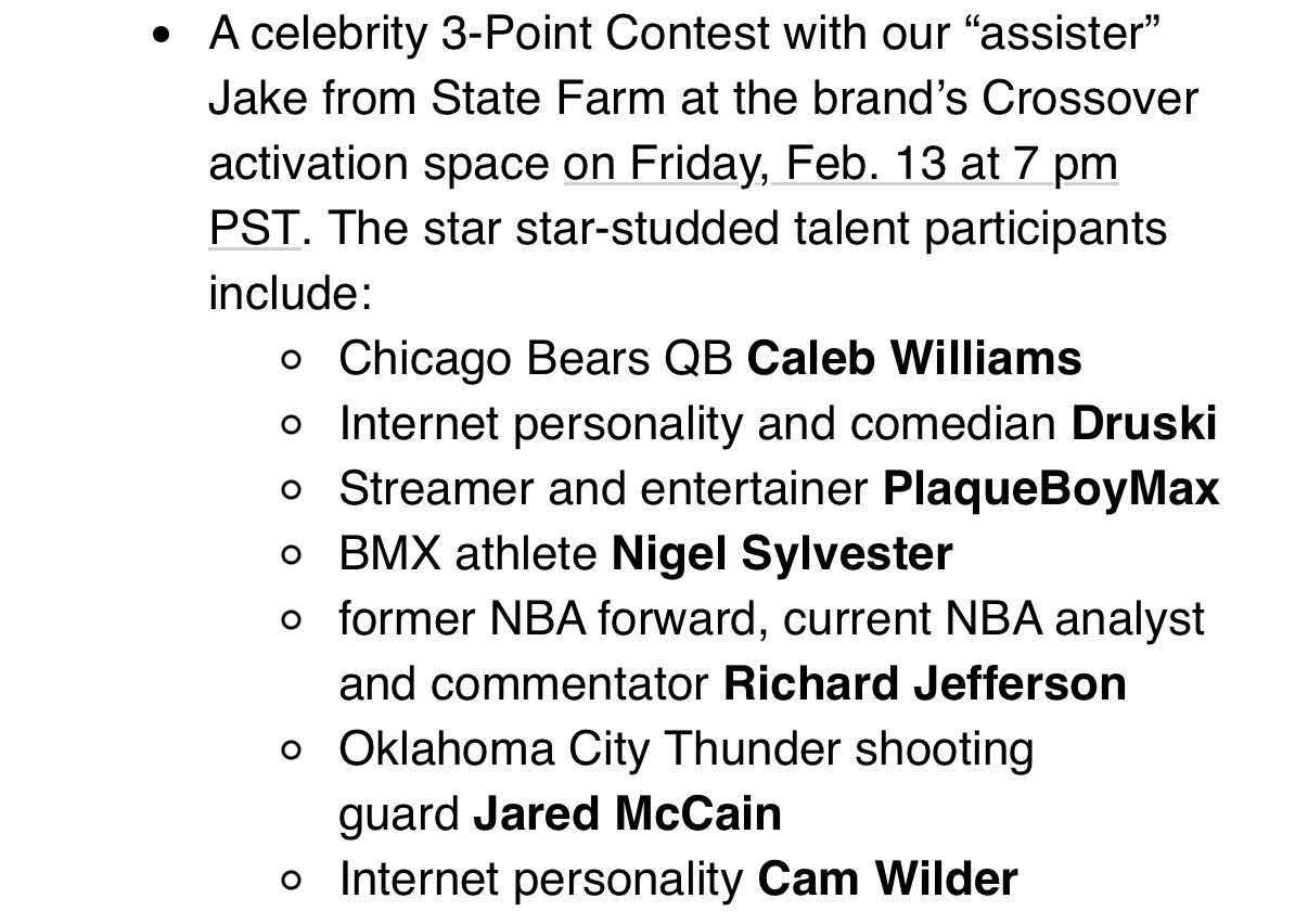 麦凯恩将参加周六举办的NBA全明星名人三分大赛，其他参赛选手包括：Caleb W