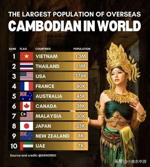 全球柬埔寨裔人口分布
 
越南：130万人
泰国：110万人（泰柬边境冲突后数量