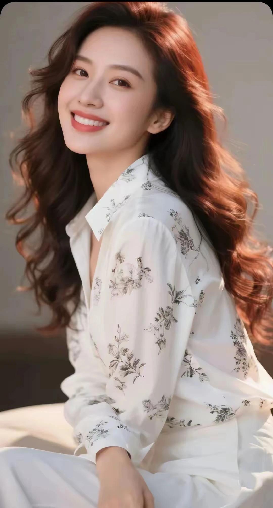 嫣然一笑百媚生，
恰似春风拂柳轻。
眉似春山寒远黛，
眸若秋水映繁星。