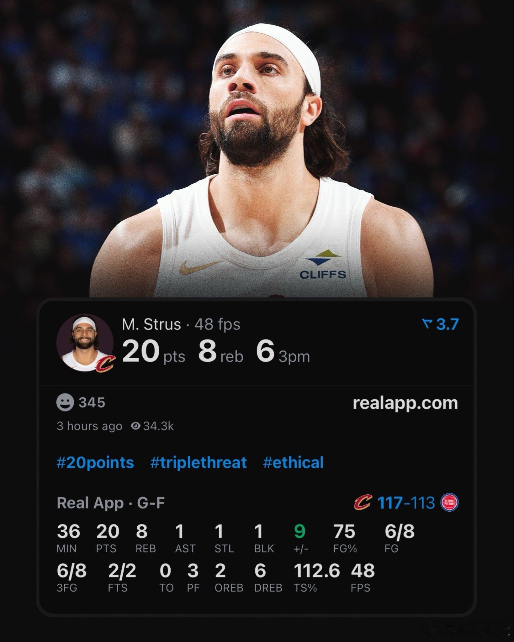 斯特鲁斯现在已经成为NBA季后赛历史上，拿下20+得分且真实命中率100%的比赛