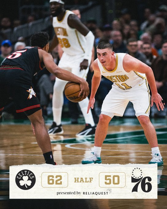 半场比赛结束，我们暂时以62-50领先76人☘️克塔16分12篮板2助攻☘️布朗