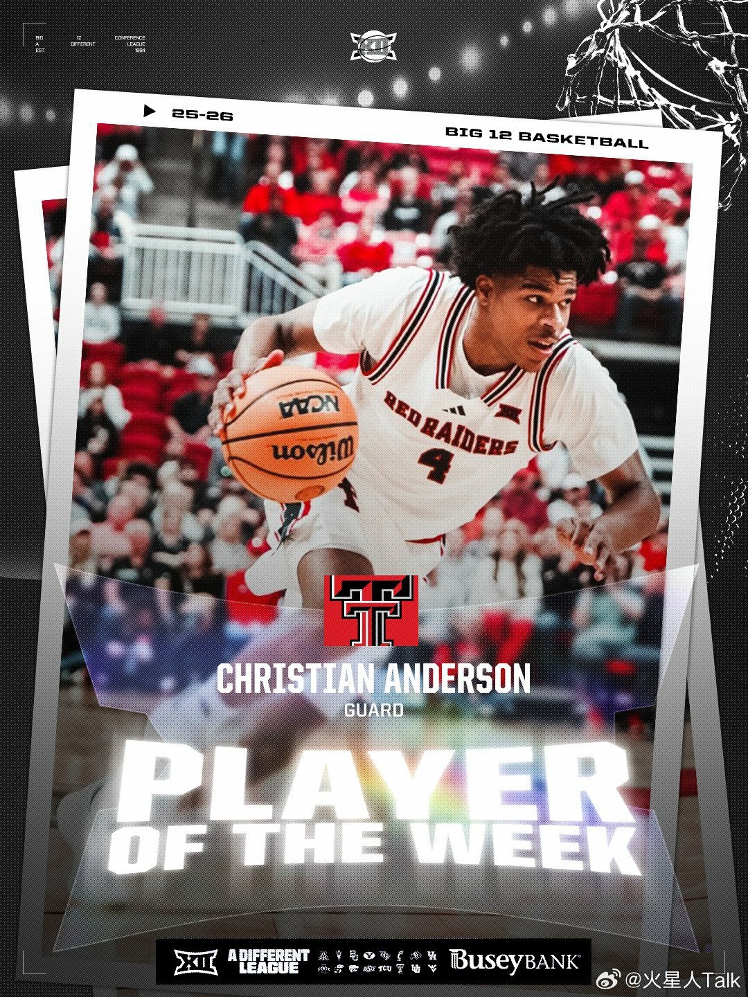 Big 12联盟第17周表现奖（2025-2026赛季）。NCAA男篮最佳球员：