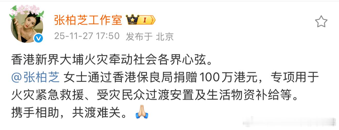 张柏芝捐款100万港元支援香港大埔火灾救援 携手各界共渡难关 