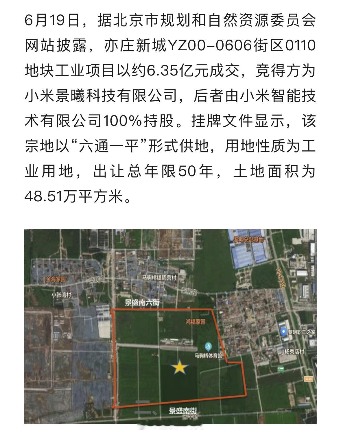 6.35亿！小米拿下北京亦庄新城一宗工业用地！ ​​​