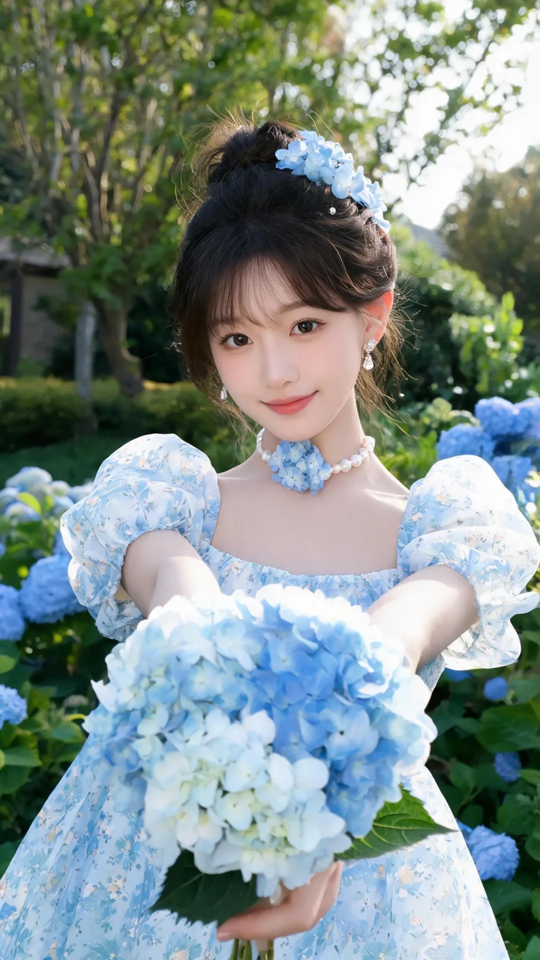 即梦5.0完整提示词 正向Prompt 半身户外花园写真，温柔甜美的东...
