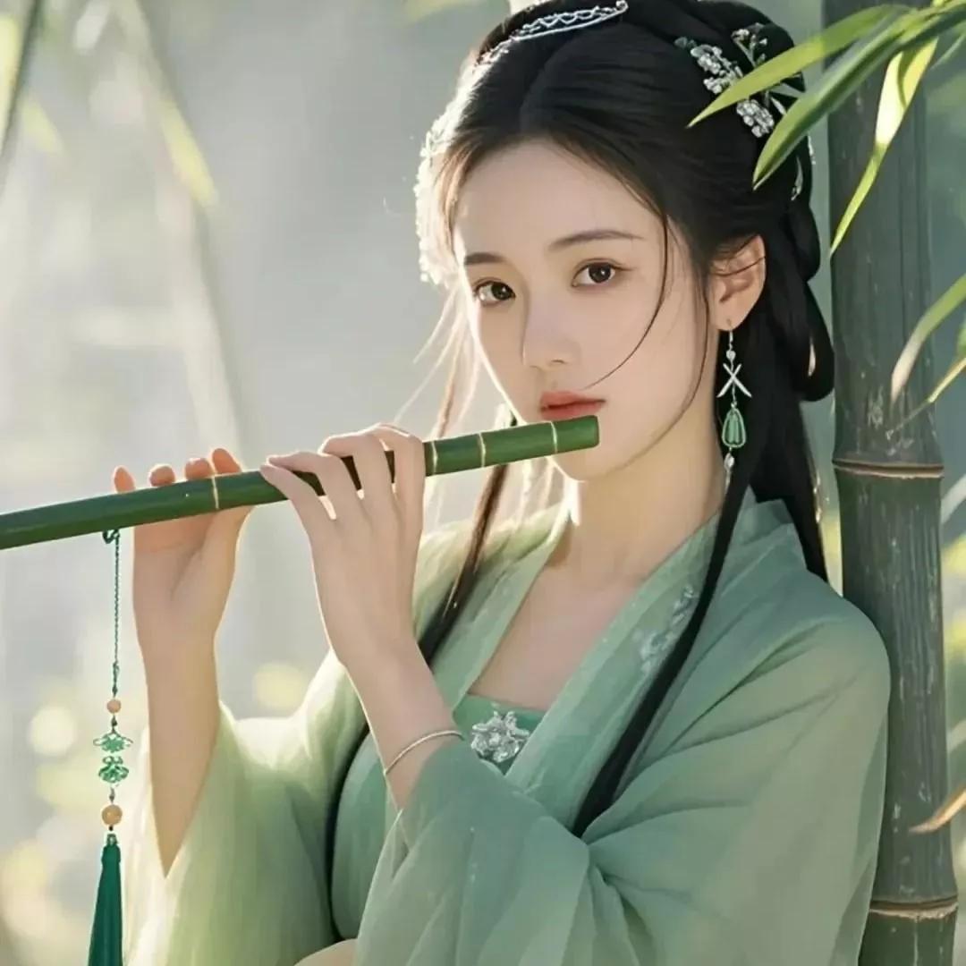 古风少女，竹林间吹笛，静谧悠然竹韵少女 静还决国风美女 素衣梅间抚琴 古韵初恋佳