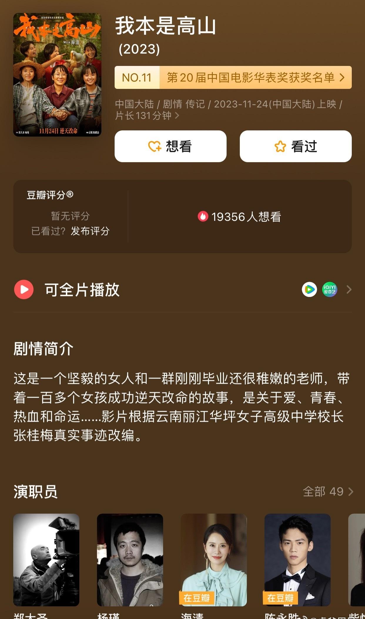 现在回看我本是高山这部电影，要不是因为白月光的戏份，肯定也能扫奖的！！！ ​​​