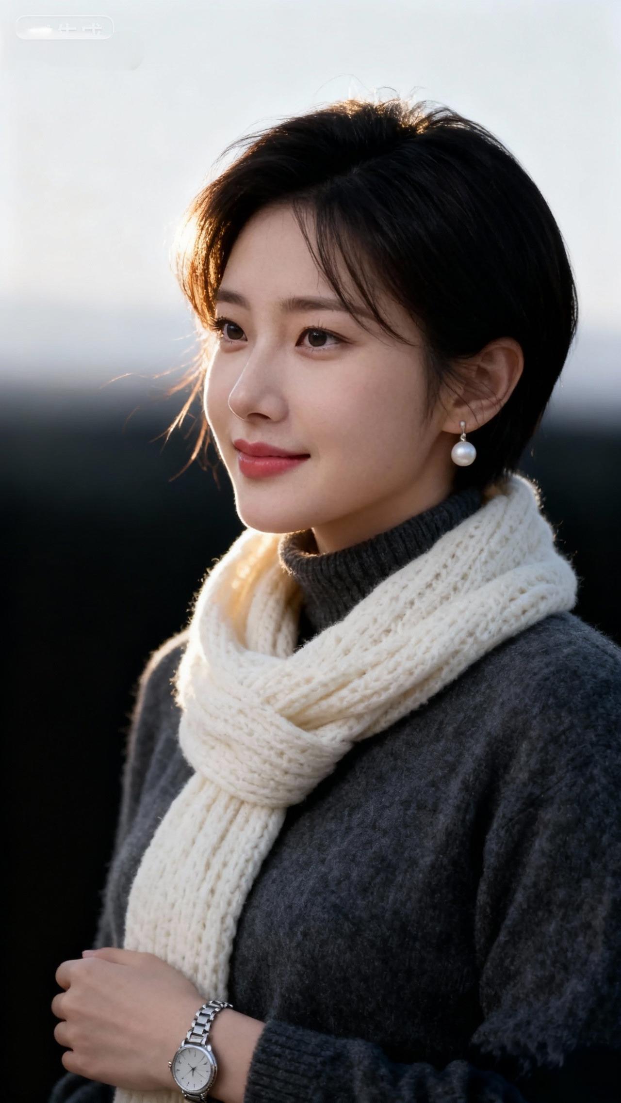 冬日暖阳下的温柔微笑，暖心围巾与耳环的完美搭配，尽显优雅与温暖。