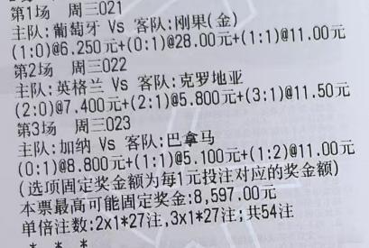 贪总足球：2串：021+022021 世界杯 葡萄牙vs刚果(金)让负 1-0 