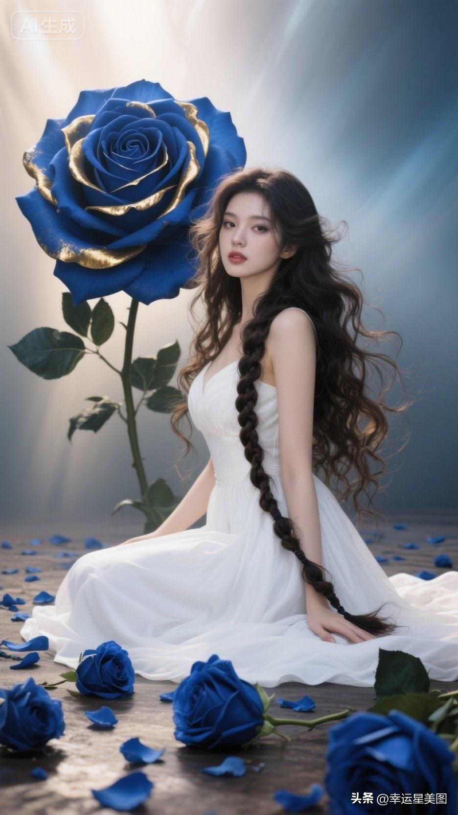 一位仙女坐在蓝色玫瑰花瓣中。