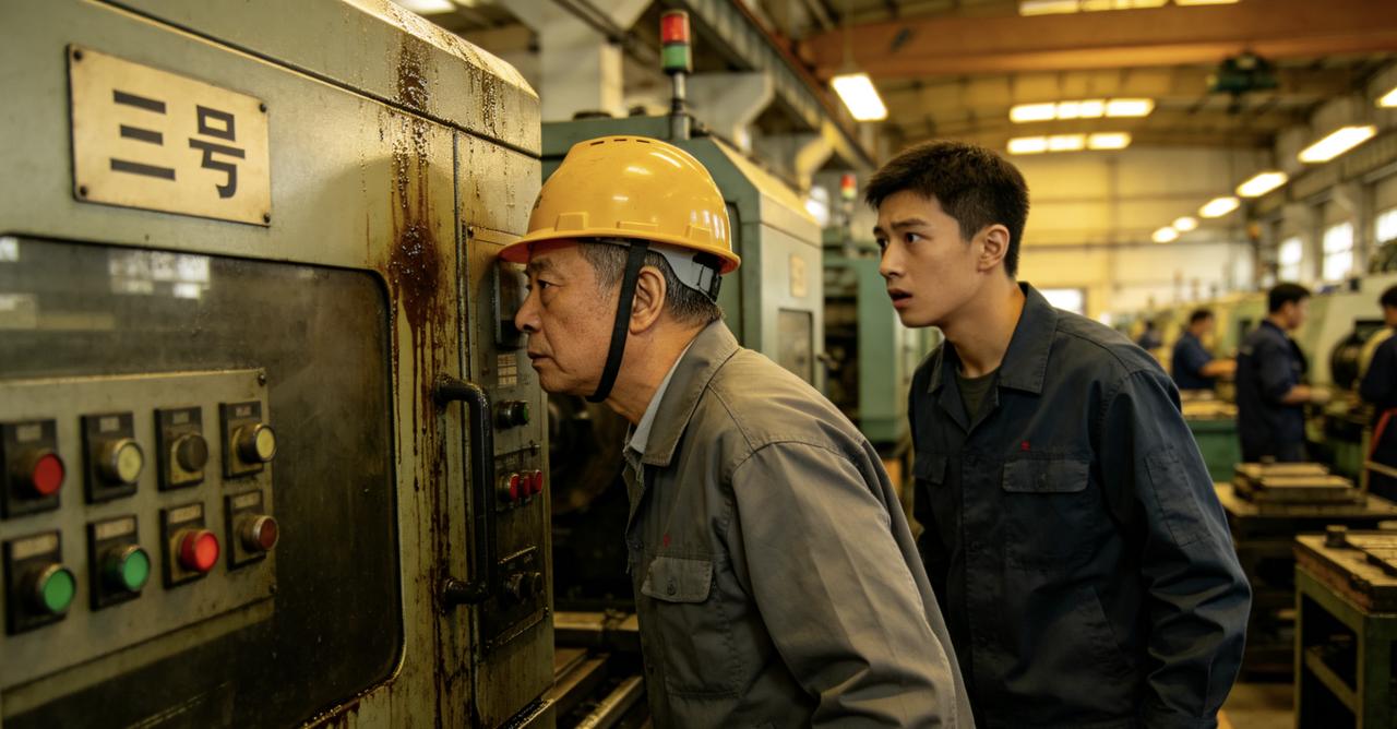 车间里，新来的学徒跟着老周巡检。
走到三号生产线，老周忽然停下，贴着设备听了十几