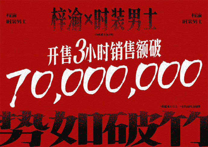 梓渝时装男士3小时销售破7000w梓渝杂志3小时销售额破7000w 梓渝X《时装