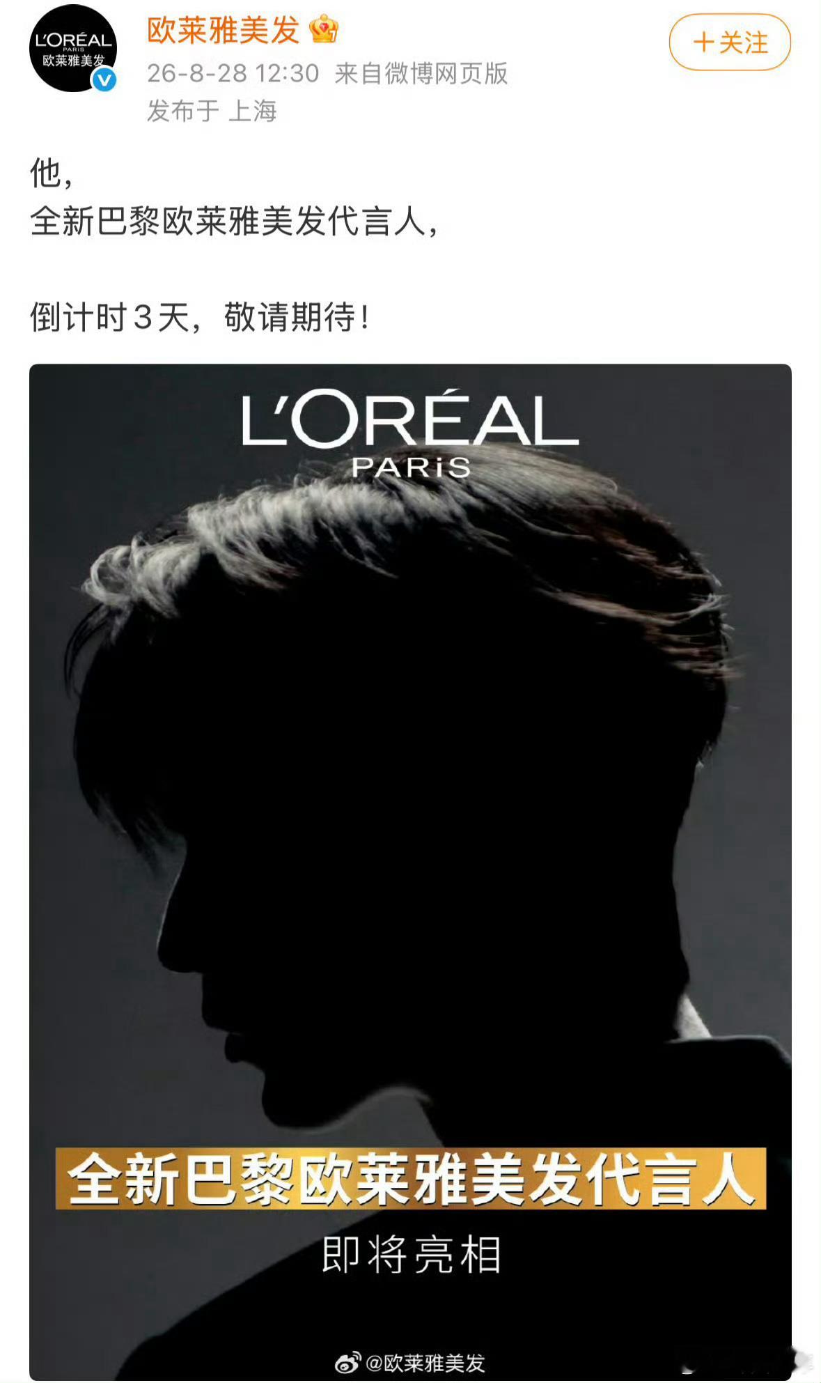 张凌赫巴黎欧莱雅剪影预热张凌赫巴黎欧莱雅剪影预告剪影预告悄然上线，仅凭轮廓就足以