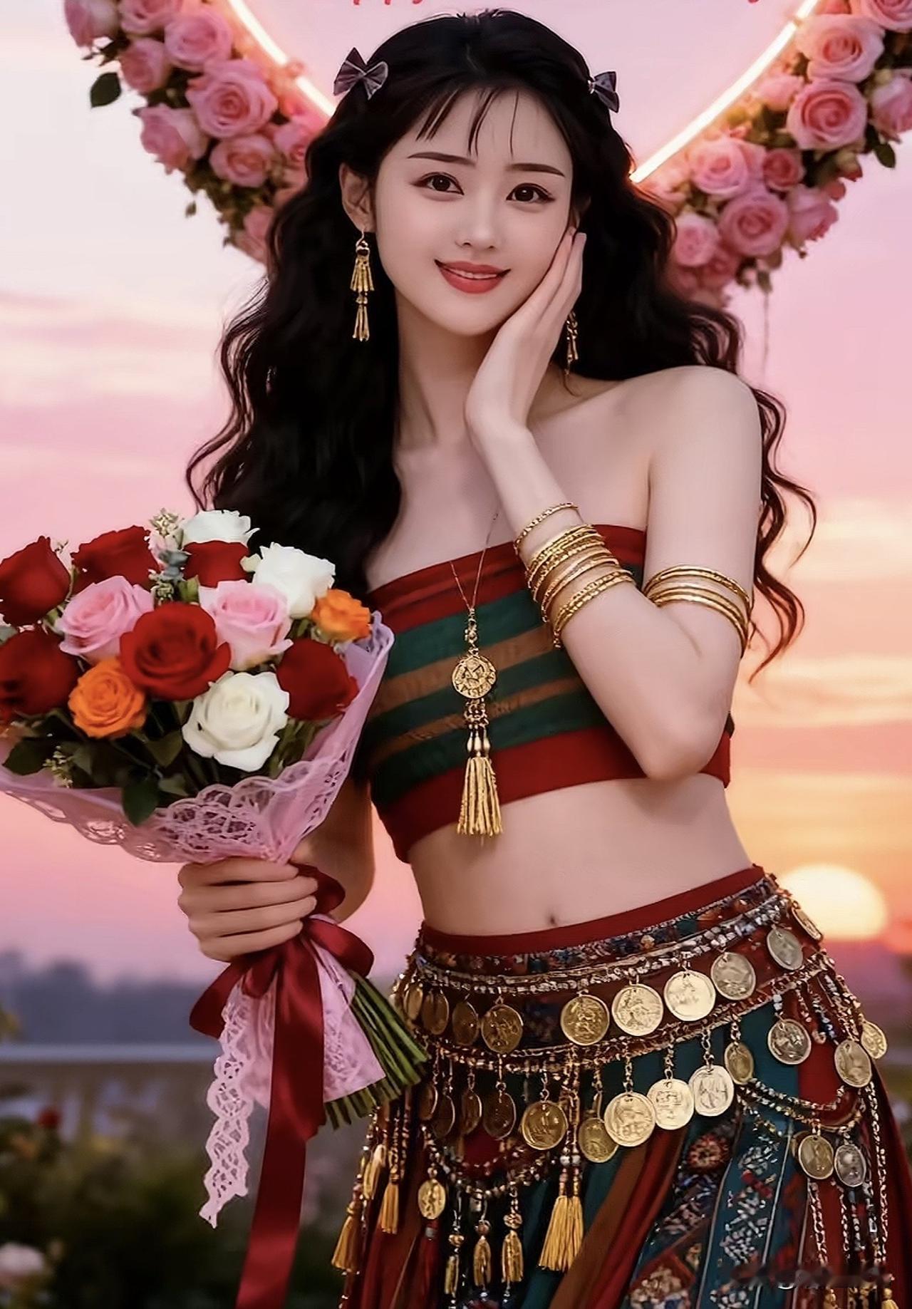 梦幻花海中的少女，手捧玫瑰，笑容甜美花海少女感 花海少女照 紫色花海少女 花海少
