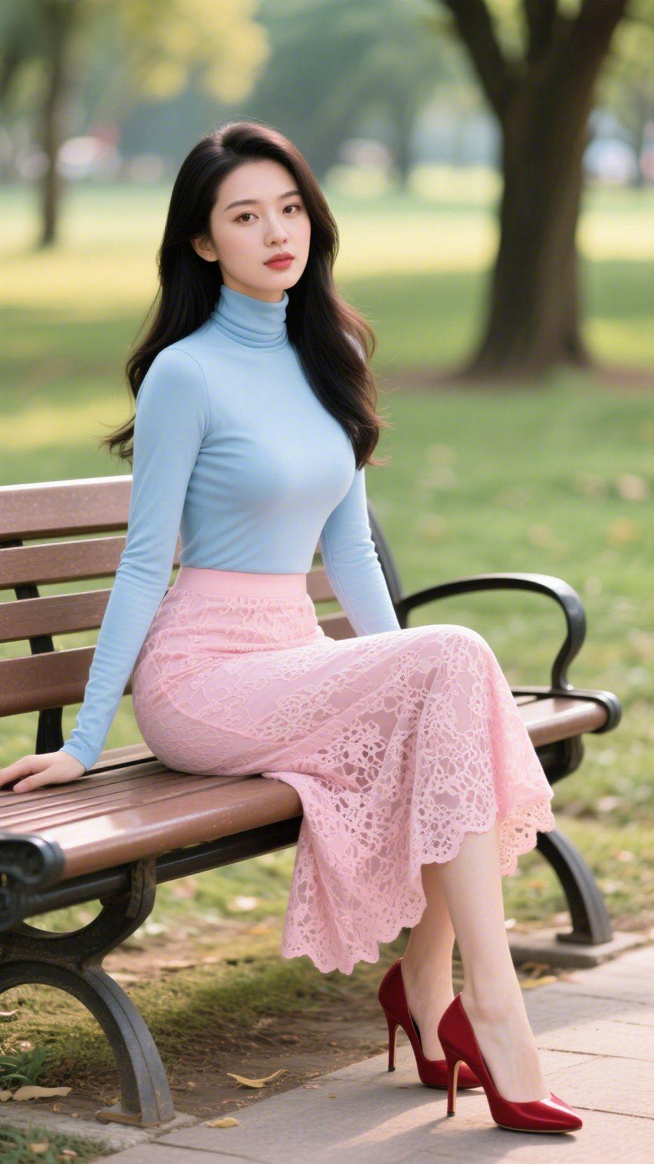 《浅蓝粉裙的晴日轻柔》
 
浅蓝高领针织裹着软润肌理，似揉开的云色轻贴肩颈，同粉