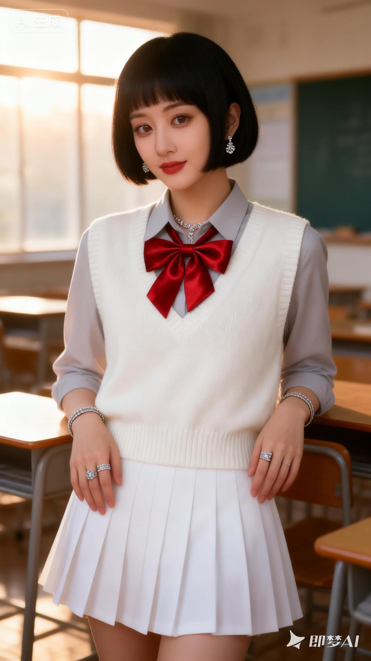 校园少女风穿搭，白色百褶裙搭配红色蝴蝶结，甜美可爱！