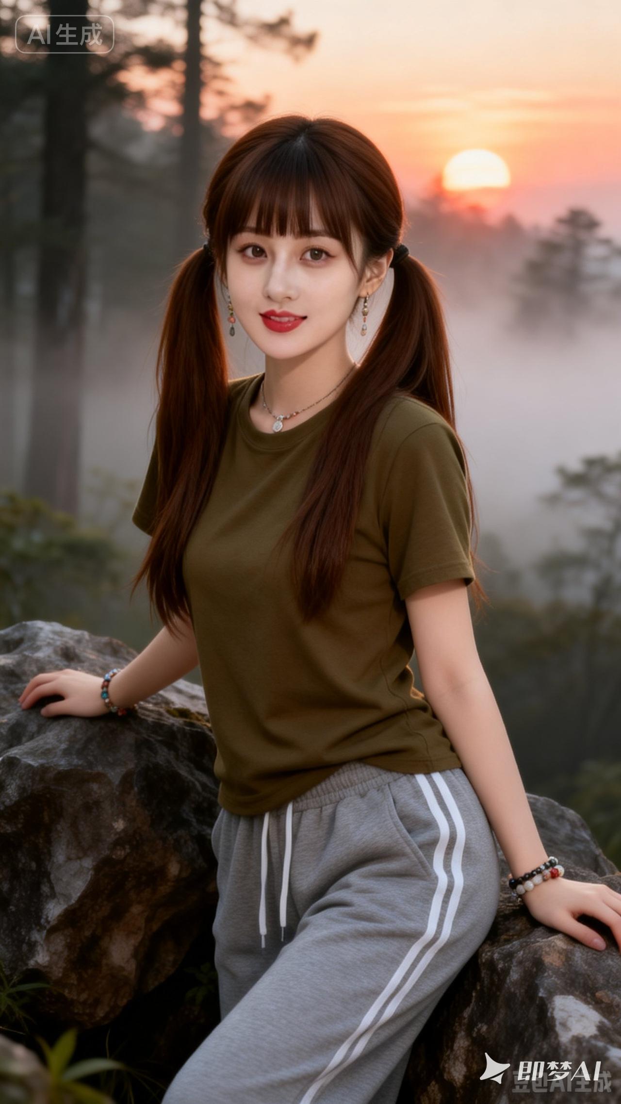元气少女在山间，夕阳下的甜美瞬间