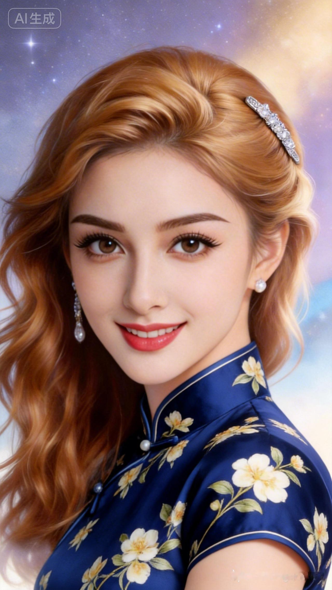 优雅蓝花旗袍，甜美笑容，气质非凡！