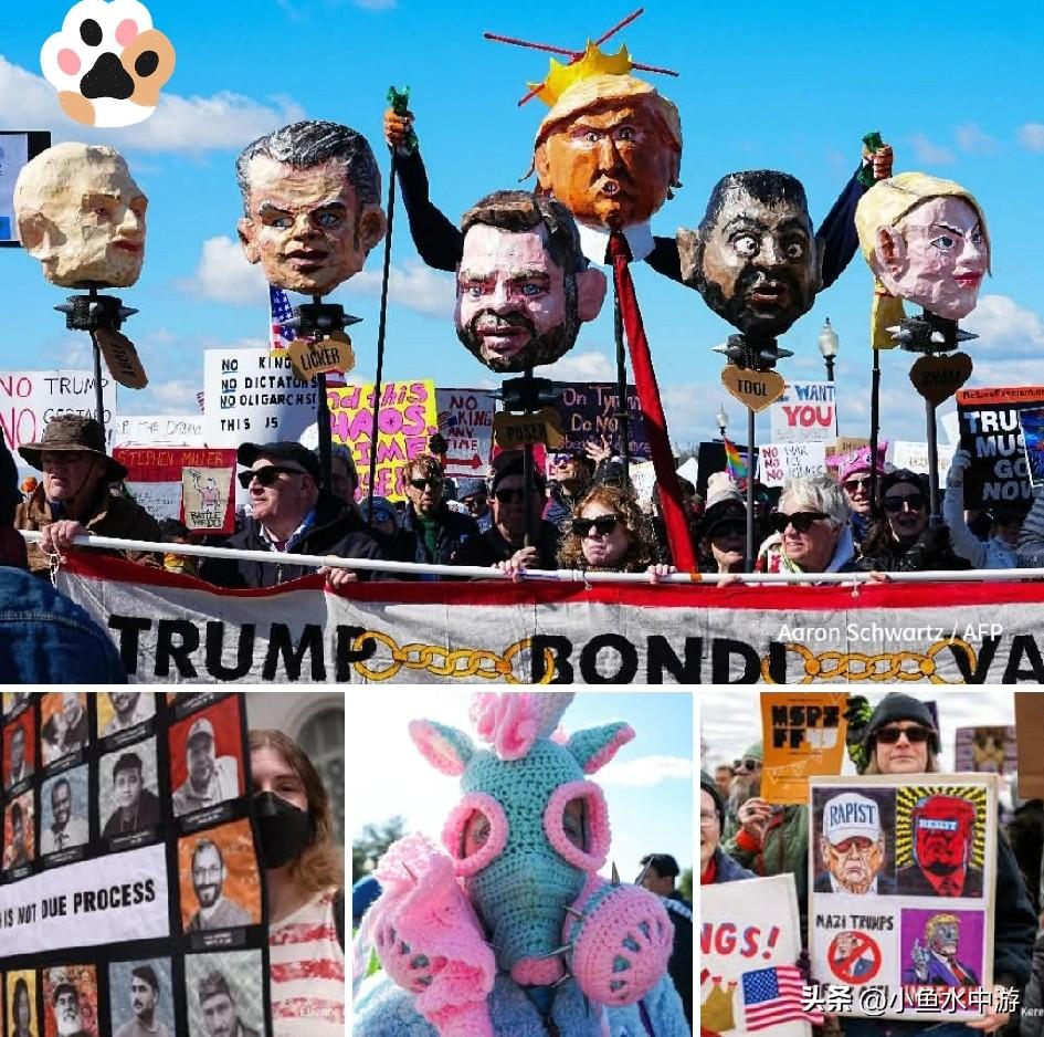 参加“不要国王”抗议活动、反对美国总统唐纳德·特朗普的示威者，用巧妙创意表达对其