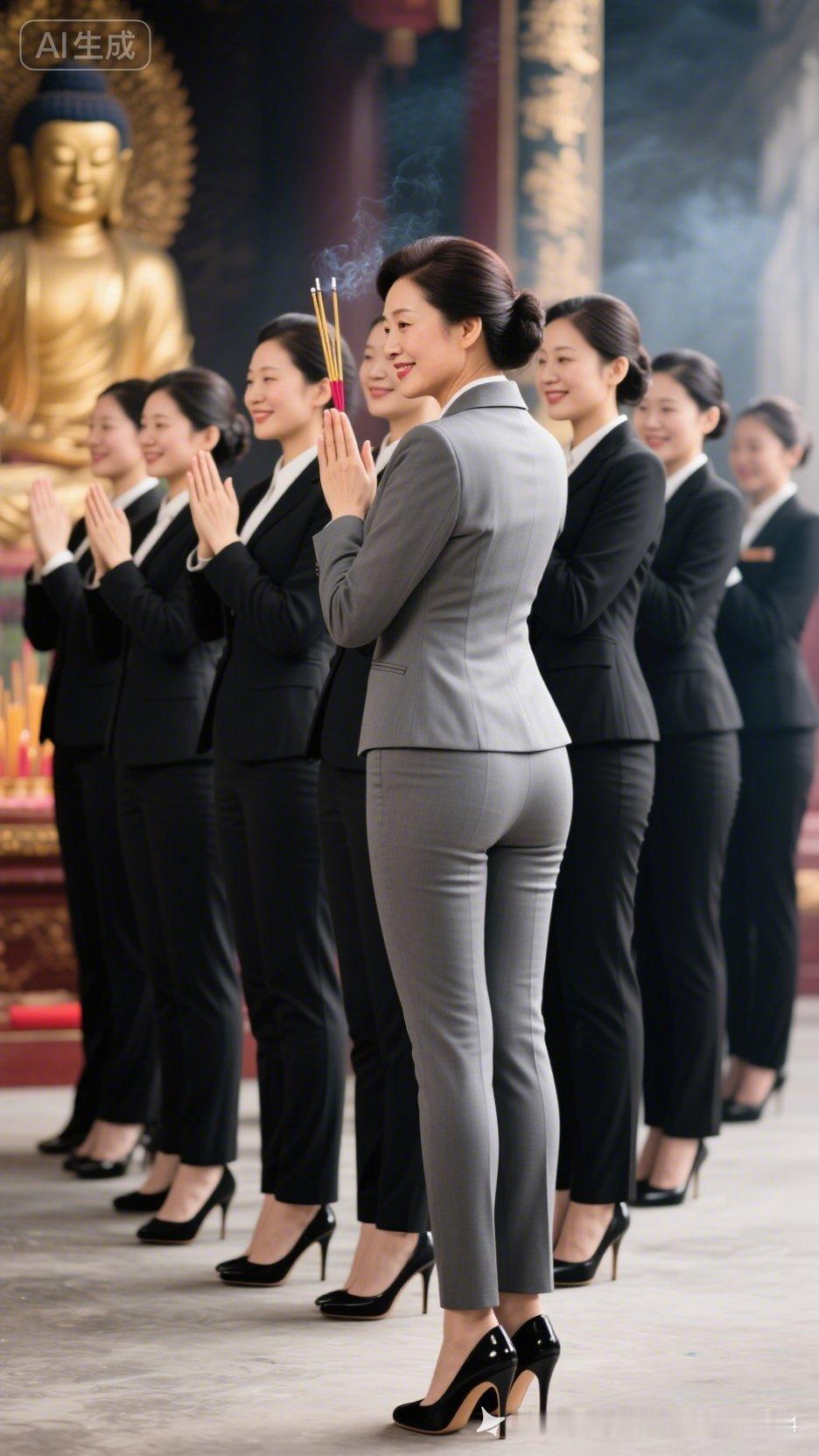 职场女性在寺庙前虔诚祈祷，祈求事业顺利！