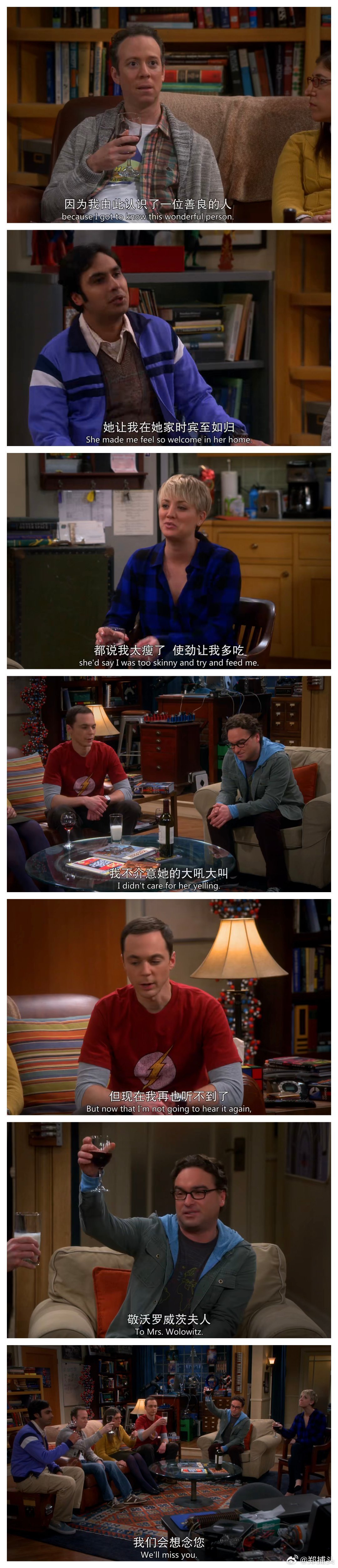 大嗓门的霍华德母亲，忽然离去的这一段太催泪了。每个人都在回忆，自己心目中的沃洛维