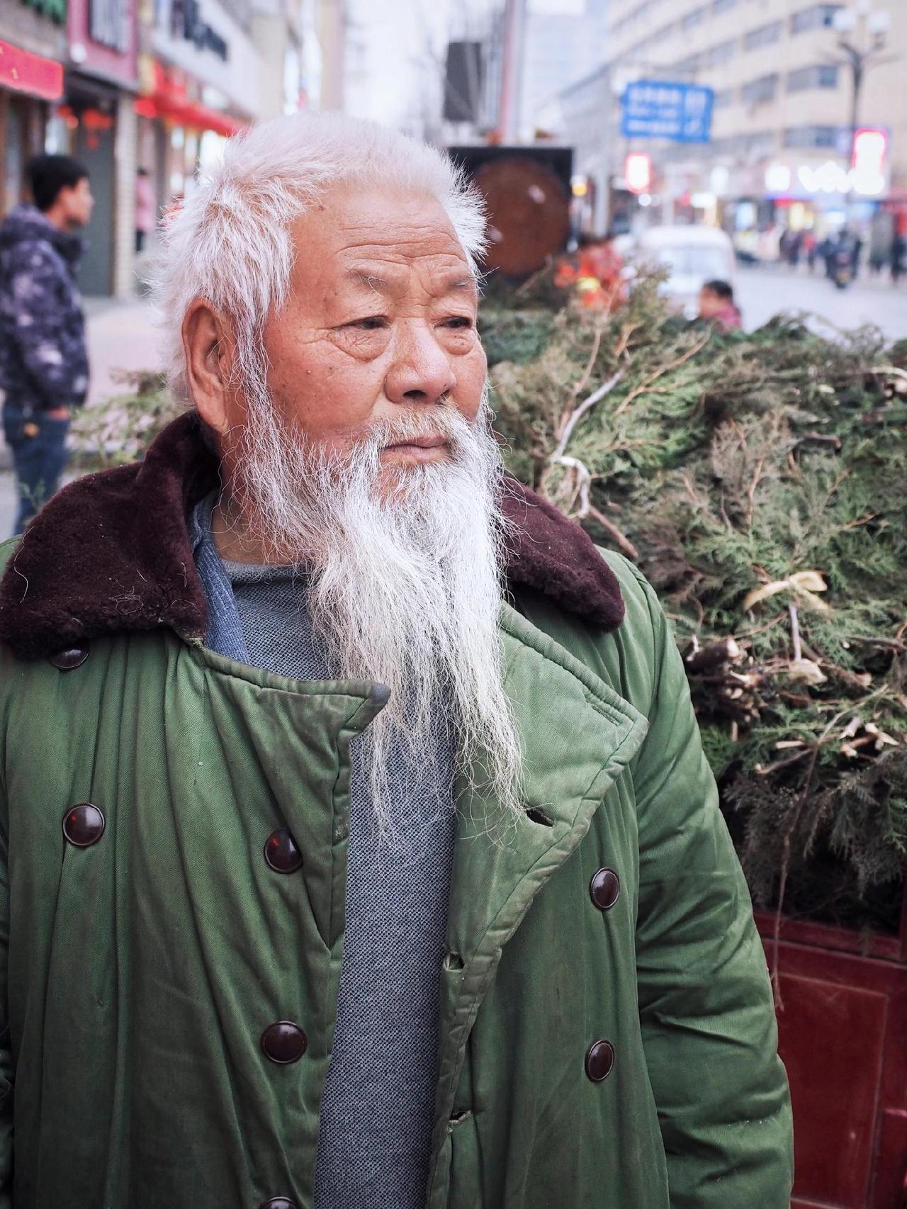 元宵节期间在虢镇街道卖燎疳用柏枝，精神矍铄的白发长髯老人老人 路边摊